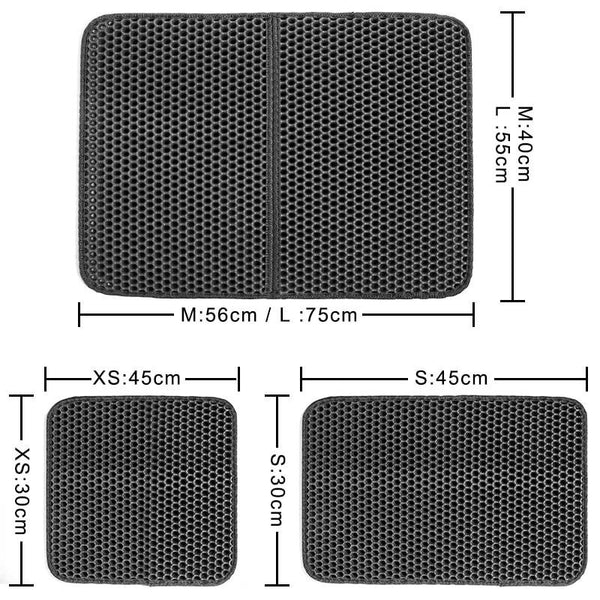 Dimensions de nos 4 tailles du tapis de litière pour chat : XS, S, M et L.