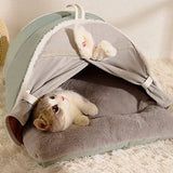 Chat allongé dans sa tente pour chat confortable grise avec coussin douillet