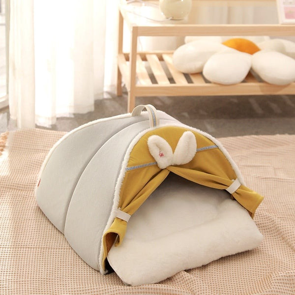 Présentation de la tente pour chat confortable avec coussin douillet - Jaune